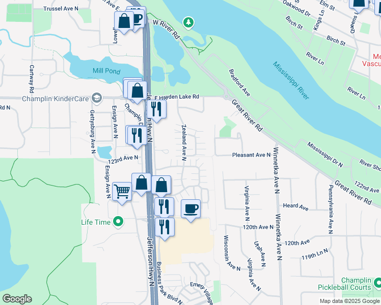 map of restaurants, bars, coffee shops, grocery stores, and more near 8418 122nd Avenue North in Champlin