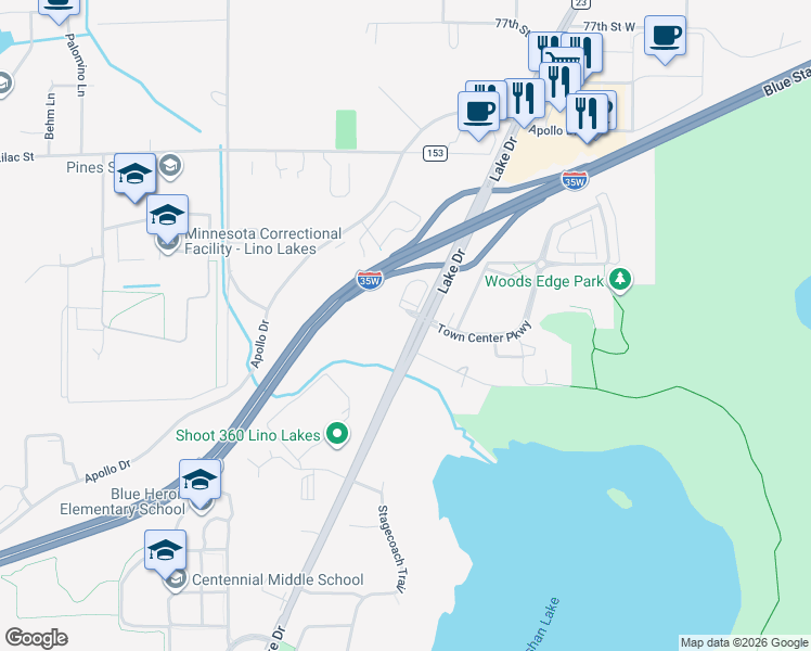 map of restaurants, bars, coffee shops, grocery stores, and more near 7481 Lake Drive in Circle Pines