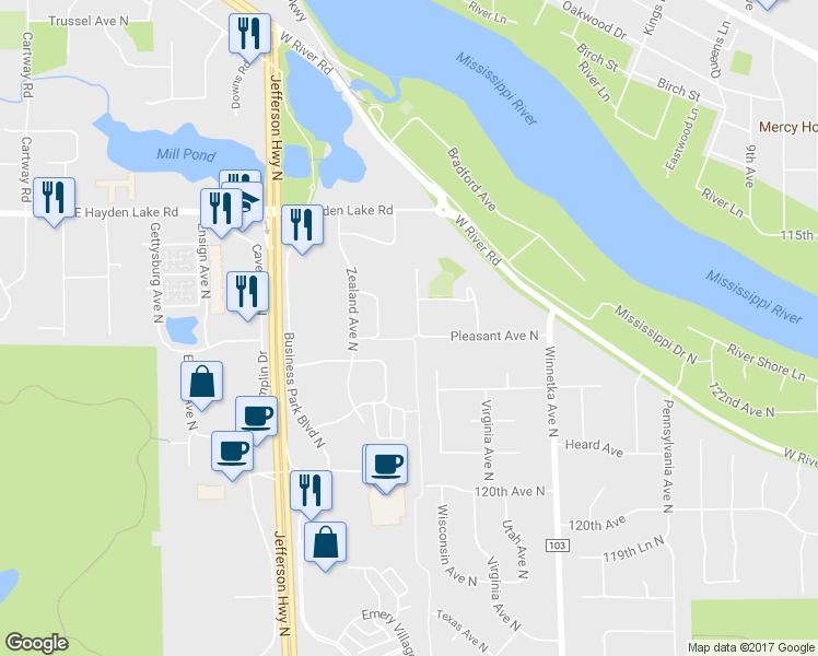 map of restaurants, bars, coffee shops, grocery stores, and more near 1337 Xylon Avenue North in Champlin