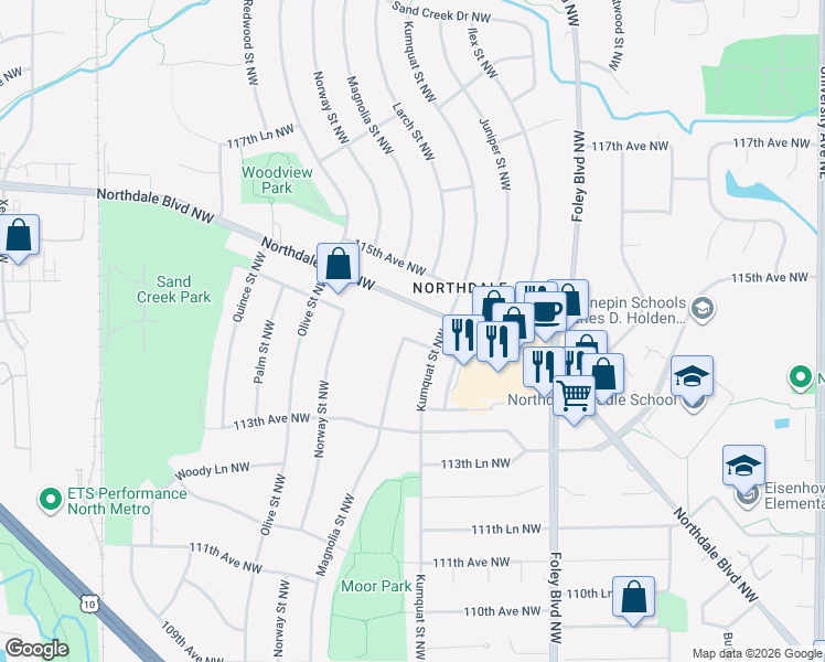 map of restaurants, bars, coffee shops, grocery stores, and more near 11375 Magnolia Street Northwest in Minneapolis