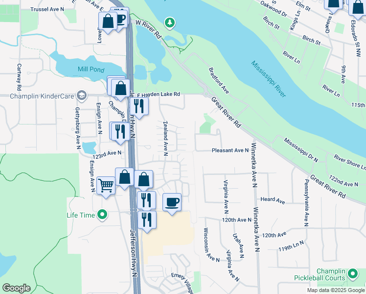map of restaurants, bars, coffee shops, grocery stores, and more near 1337 Xylon Avenue North in Champlin