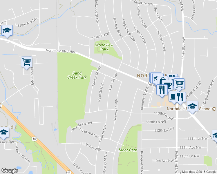 map of restaurants, bars, coffee shops, grocery stores, and more near 11416 Olive Street Northwest in Coon Rapids