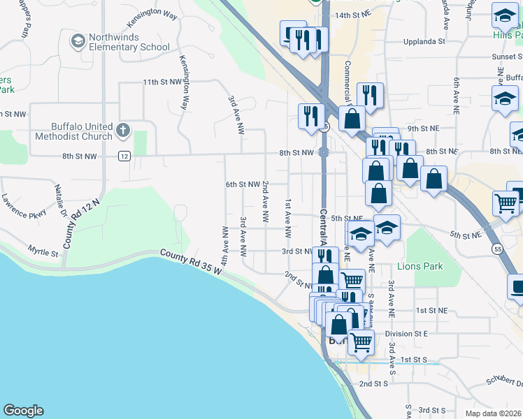 map of restaurants, bars, coffee shops, grocery stores, and more near 405 2nd Avenue Northwest in Buffalo