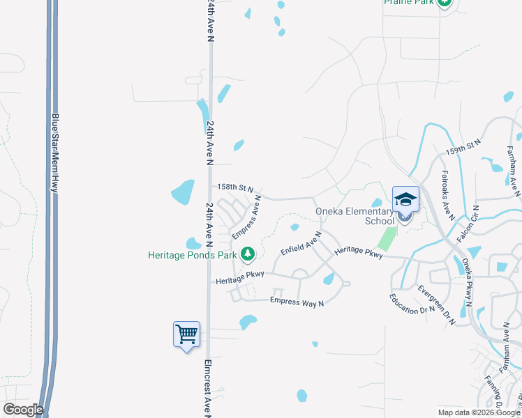 map of restaurants, bars, coffee shops, grocery stores, and more near 16215 Empress Avenue North in Hugo