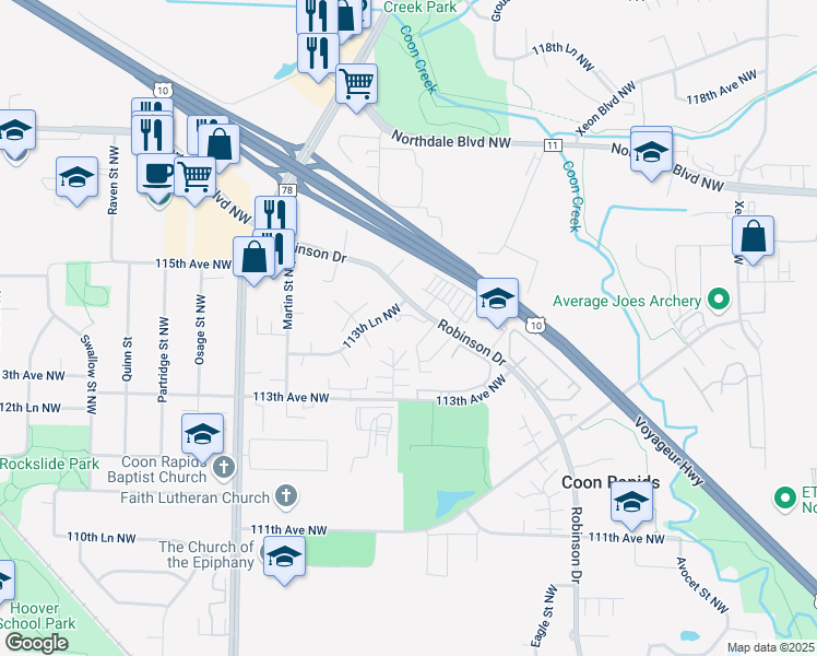map of restaurants, bars, coffee shops, grocery stores, and more near 11372 Robinson Drive in Coon Rapids