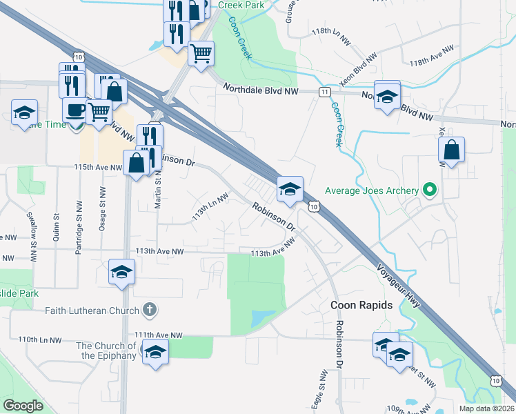 map of restaurants, bars, coffee shops, grocery stores, and more near 11350 Robinson Drive in Minneapolis