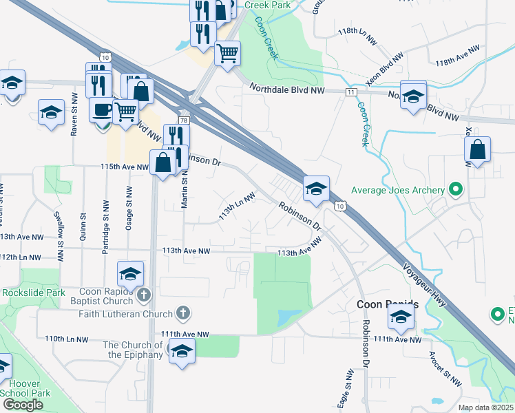 map of restaurants, bars, coffee shops, grocery stores, and more near 11372 Robinson Drive in Coon Rapids