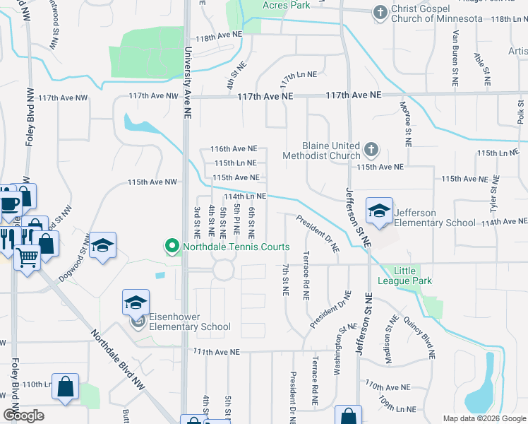 map of restaurants, bars, coffee shops, grocery stores, and more near 11363 6th Place Northeast in Blaine