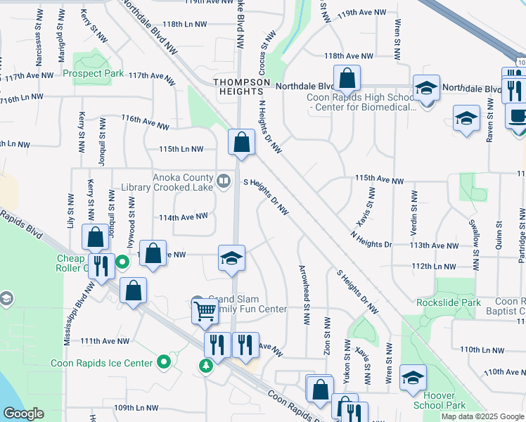 map of restaurants, bars, coffee shops, grocery stores, and more near 11309 Bittersweet Street Northwest in Coon Rapids