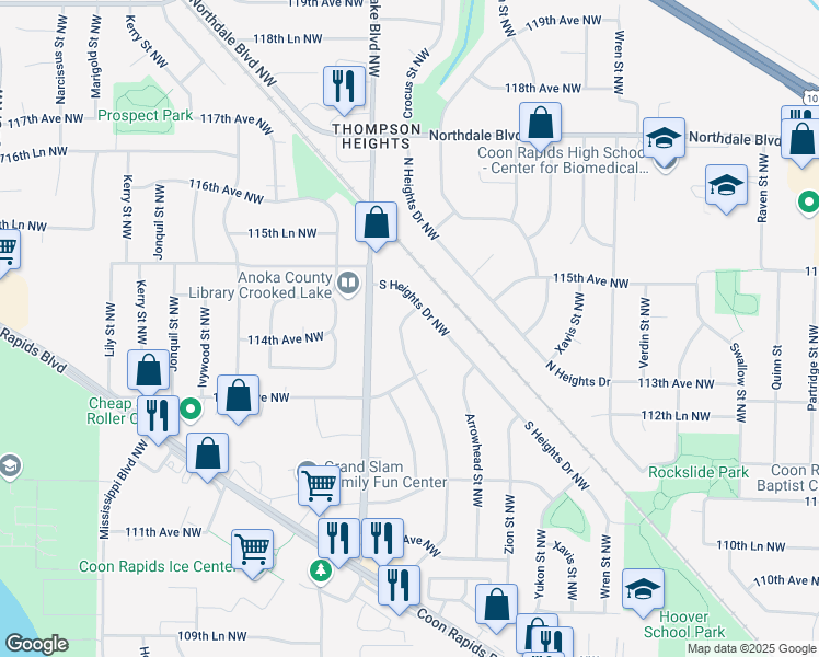 map of restaurants, bars, coffee shops, grocery stores, and more near 11309 Bittersweet Street Northwest in Coon Rapids