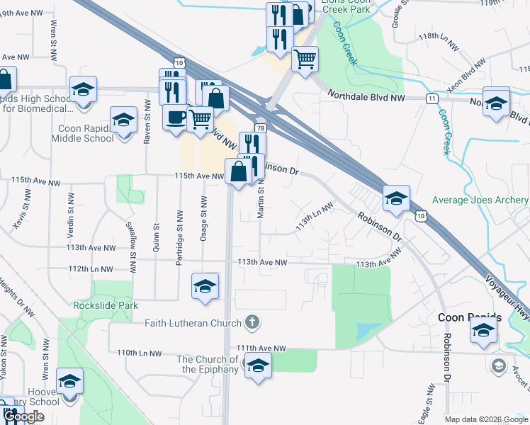 map of restaurants, bars, coffee shops, grocery stores, and more near 1903 113th Lane Northwest in Coon Rapids