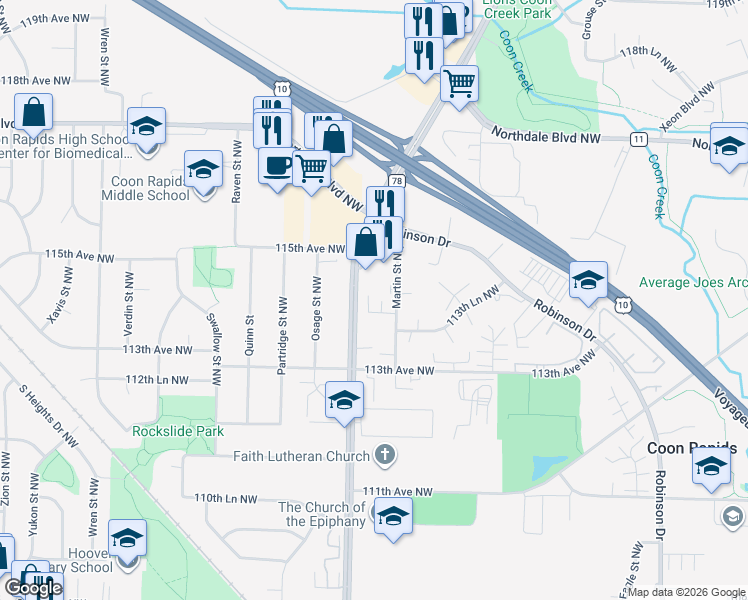 map of restaurants, bars, coffee shops, grocery stores, and more near 11370 Martin Street Northwest in Coon Rapids