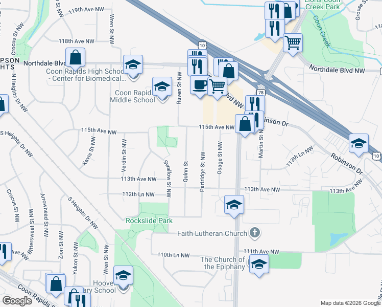 map of restaurants, bars, coffee shops, grocery stores, and more near 11340 Partridge Street Northwest in Coon Rapids