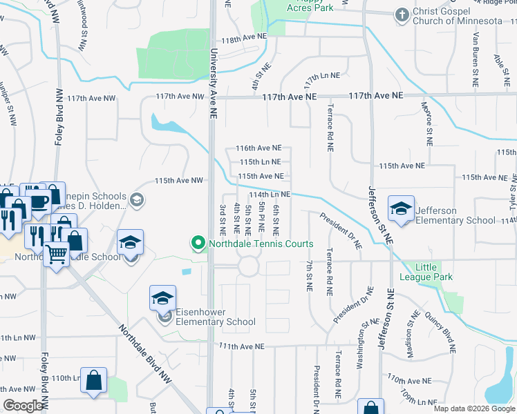 map of restaurants, bars, coffee shops, grocery stores, and more near 11412 6th Street Northeast in Blaine