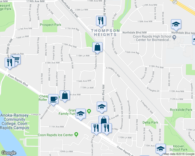 map of restaurants, bars, coffee shops, grocery stores, and more near 11411 Eidelweiss Street Northwest in Minneapolis