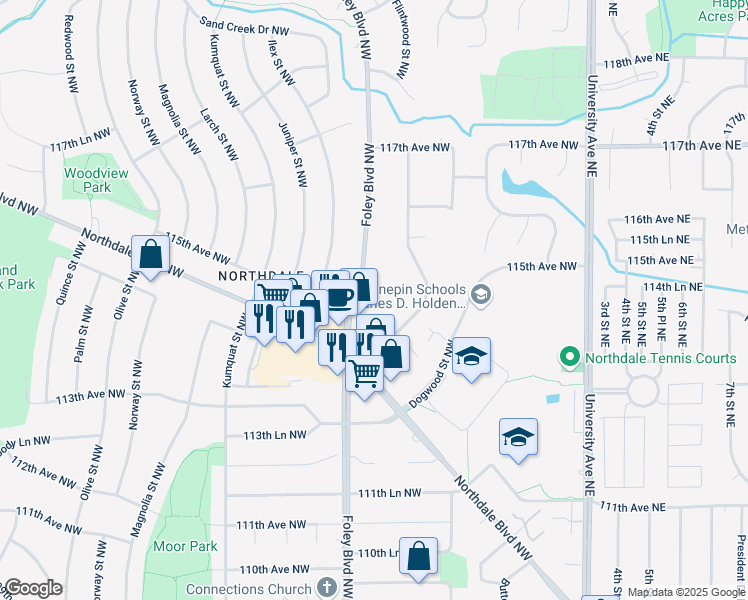 map of restaurants, bars, coffee shops, grocery stores, and more near 11460 Goldenrod Street Northwest in Coon Rapids