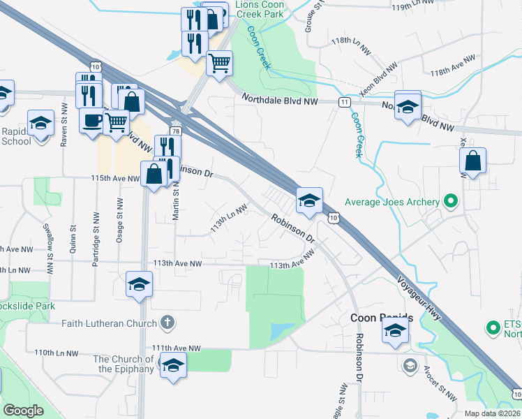 map of restaurants, bars, coffee shops, grocery stores, and more near 11360 Robinson Drive Northwest in Minneapolis