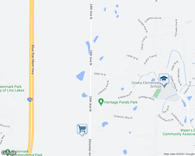 map of restaurants, bars, coffee shops, grocery stores, and more near 15684 Emerald Drive North in Hugo