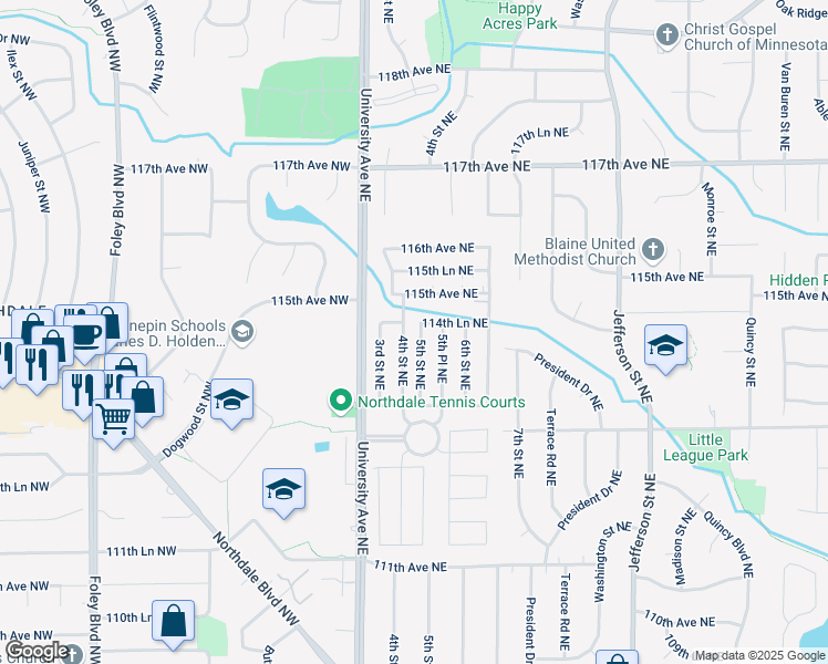 map of restaurants, bars, coffee shops, grocery stores, and more near 39 114th Lane Northeast in Minneapolis