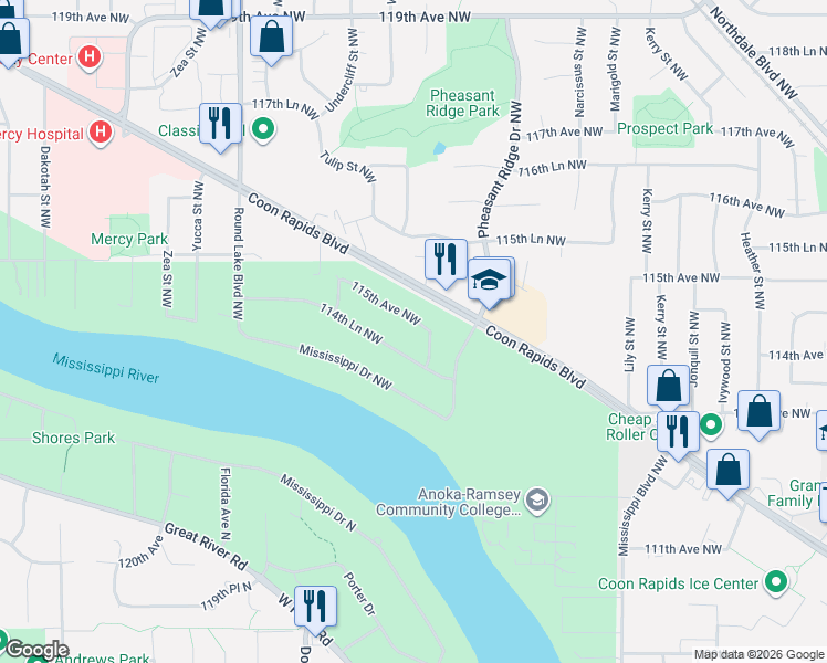 map of restaurants, bars, coffee shops, grocery stores, and more near 3550 115th Avenue Northwest in Coon Rapids