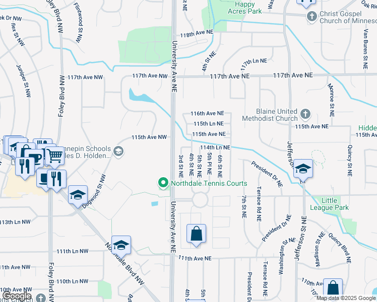map of restaurants, bars, coffee shops, grocery stores, and more near 11 114th Lane Northeast in Minneapolis
