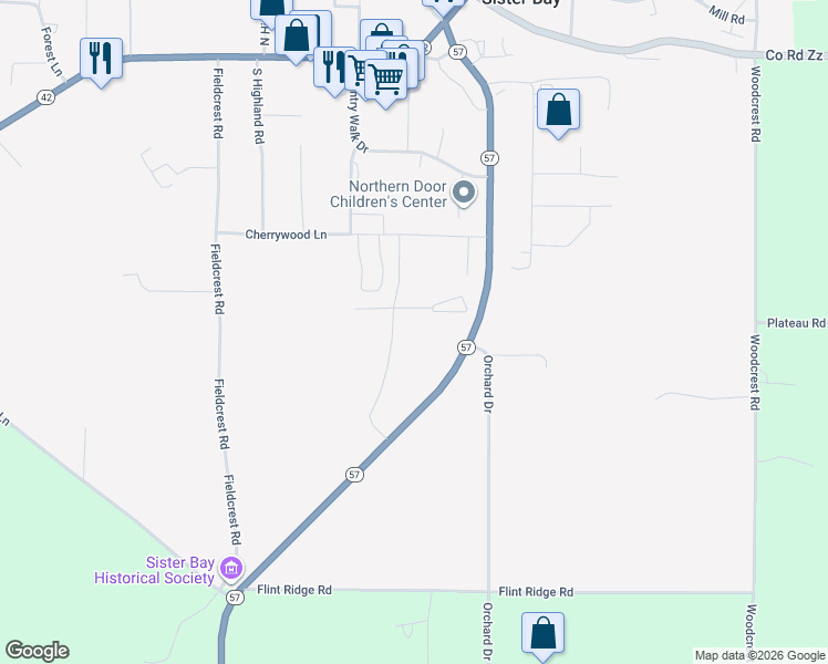 map of restaurants, bars, coffee shops, grocery stores, and more near 10444 Northwoods Drive in Sister Bay