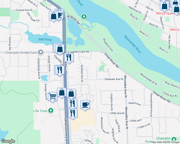 map of restaurants, bars, coffee shops, grocery stores, and more near 1317 Xylon Avenue North in Champlin
