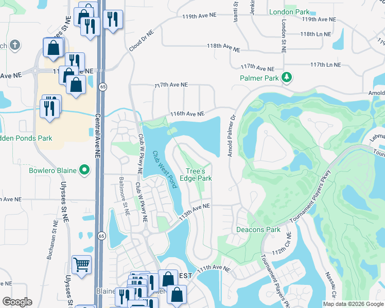 map of restaurants, bars, coffee shops, grocery stores, and more near 11447 Hastings Street Northeast in Blaine