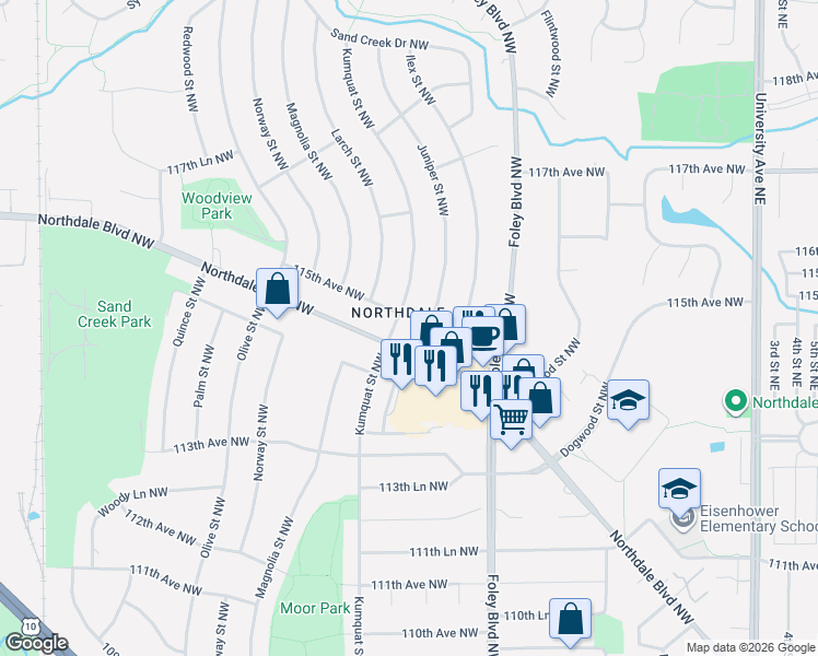 map of restaurants, bars, coffee shops, grocery stores, and more near 600 115th Avenue Northwest in Minneapolis