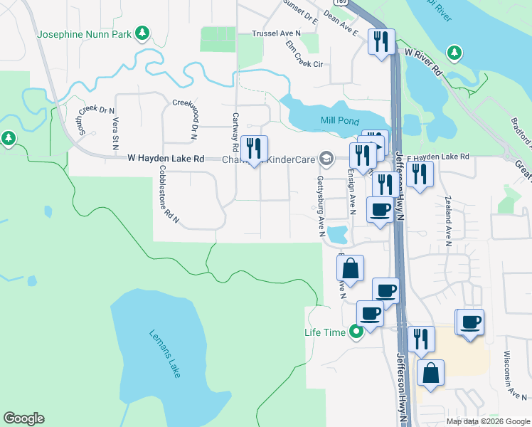 map of restaurants, bars, coffee shops, grocery stores, and more near 1301 Independence Avenue North in Champlin