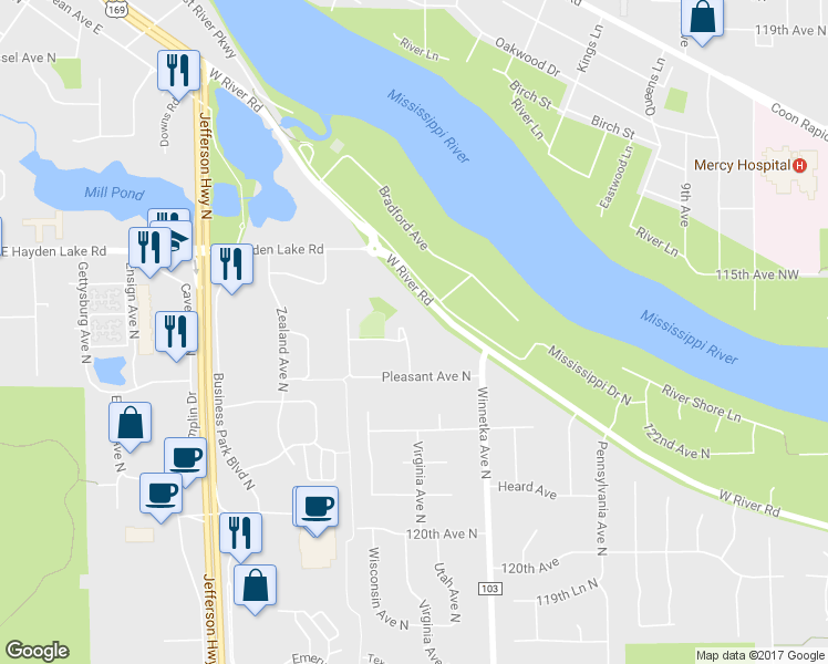 map of restaurants, bars, coffee shops, grocery stores, and more near 1322 Pleasant View Lane in Champlin