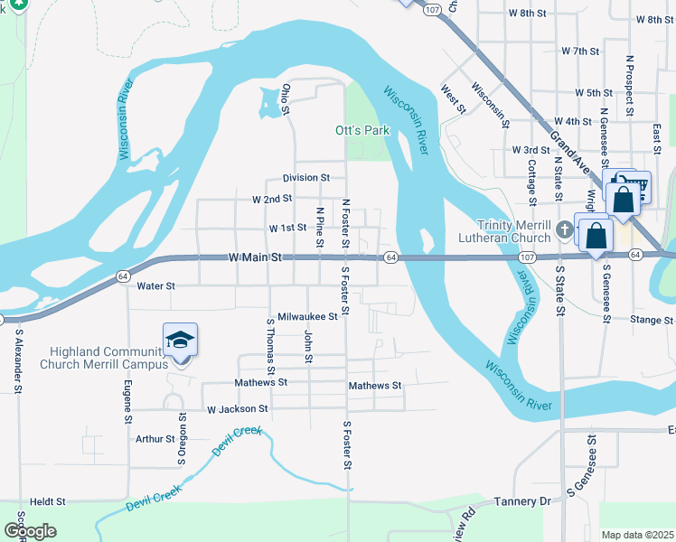 map of restaurants, bars, coffee shops, grocery stores, and more near 108 South Foster Street in Merrill
