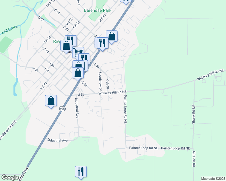 map of restaurants, bars, coffee shops, grocery stores, and more near 3681 J Street in Hubbard
