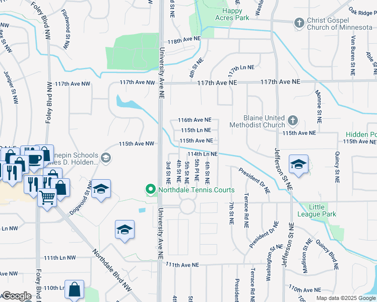 map of restaurants, bars, coffee shops, grocery stores, and more near 39 114th Lane Northeast in Minneapolis