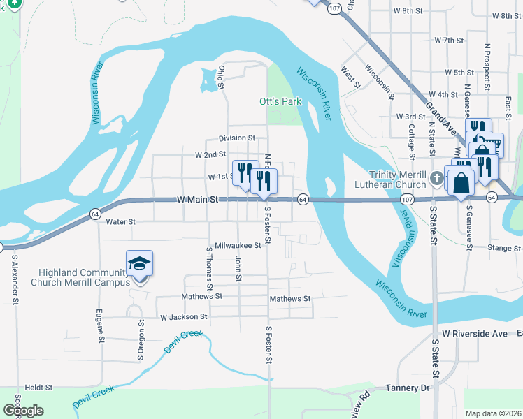 map of restaurants, bars, coffee shops, grocery stores, and more near 108 South Foster Street in Merrill