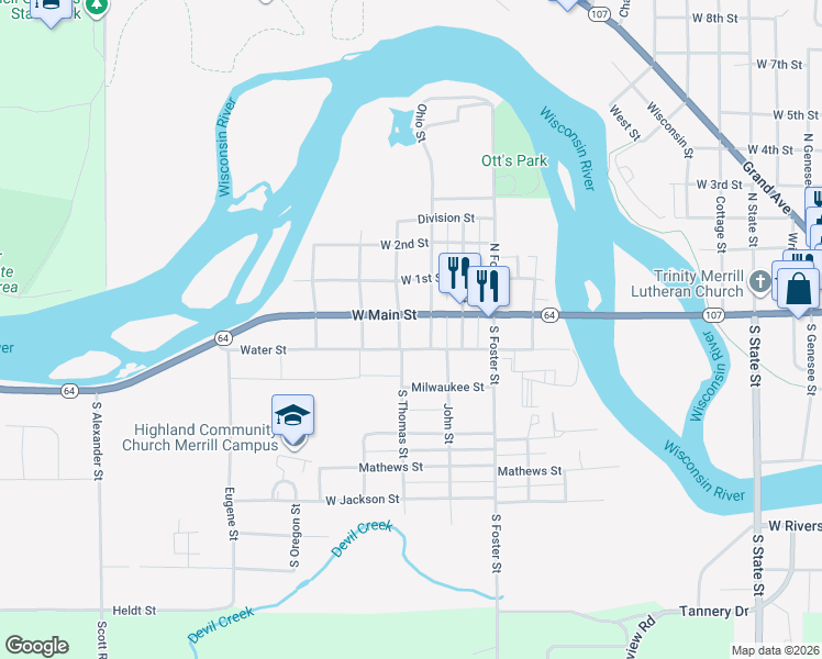 map of restaurants, bars, coffee shops, grocery stores, and more near 105 South Thomas Street in Merrill