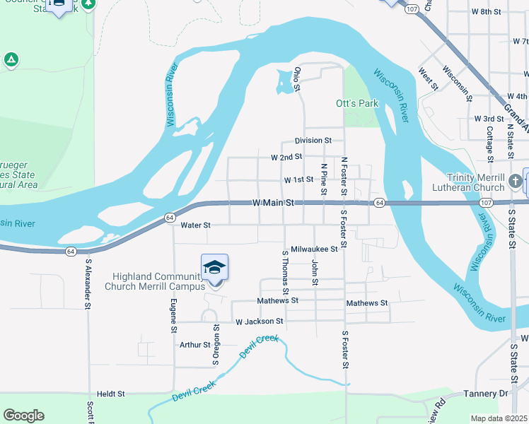 map of restaurants, bars, coffee shops, grocery stores, and more near 105 South California Street in Merrill