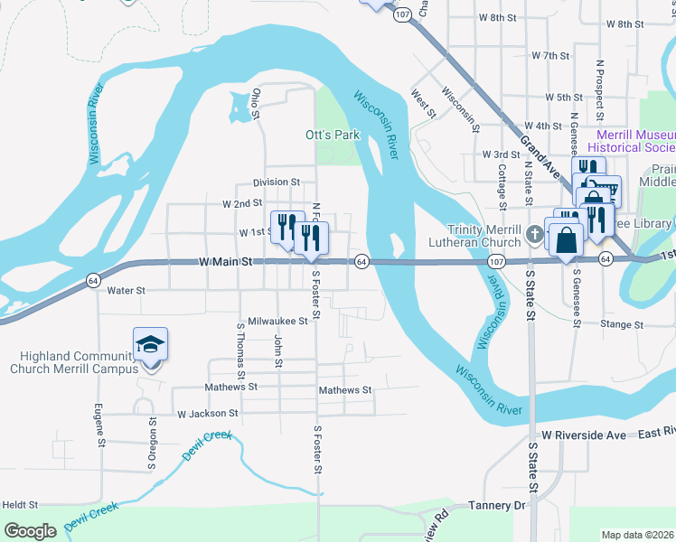 map of restaurants, bars, coffee shops, grocery stores, and more near 1303 West Main Street in Merrill