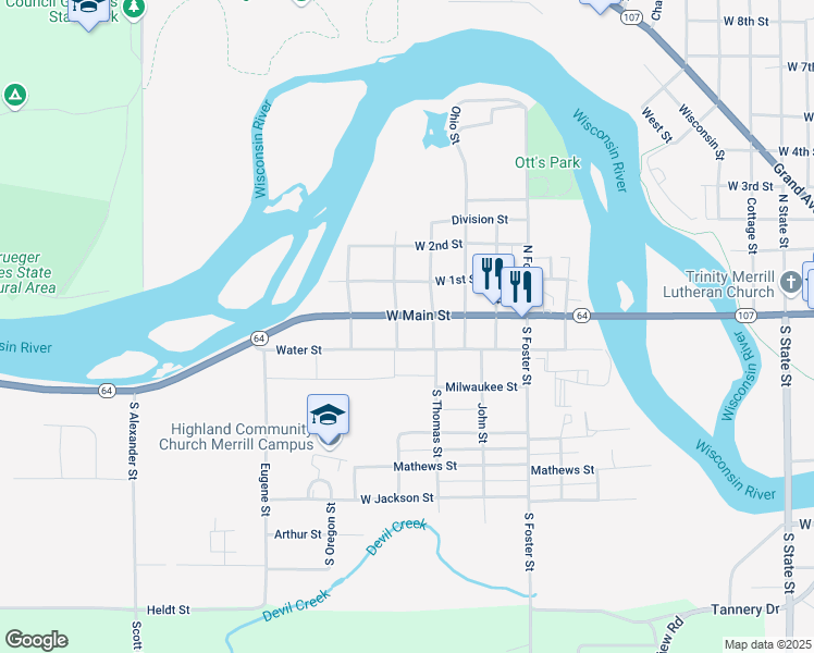 map of restaurants, bars, coffee shops, grocery stores, and more near 105 South California Street in Merrill