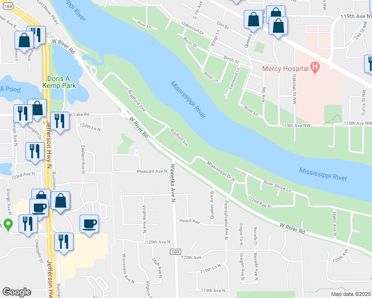 map of restaurants, bars, coffee shops, grocery stores, and more near 1012 Bradford Avenue in Champlin