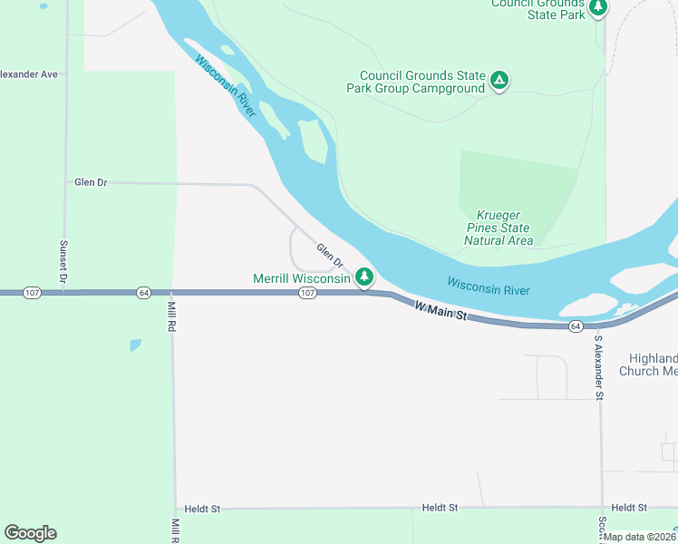 map of restaurants, bars, coffee shops, grocery stores, and more near 2706 Glen Drive in Merrill