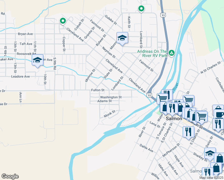 map of restaurants, bars, coffee shops, grocery stores, and more near 299 Fulton St in Salmon
