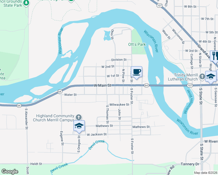 map of restaurants, bars, coffee shops, grocery stores, and more near 105 South Thomas Street in Merrill