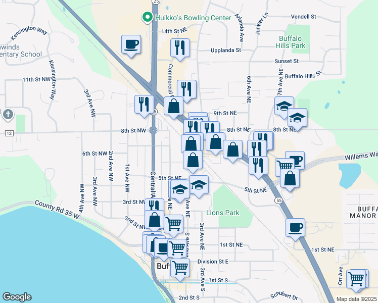 map of restaurants, bars, coffee shops, grocery stores, and more near 701 6th Street Northeast in Buffalo