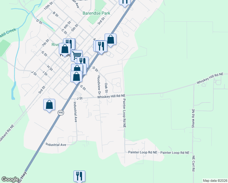 map of restaurants, bars, coffee shops, grocery stores, and more near 3681 J Street in Hubbard
