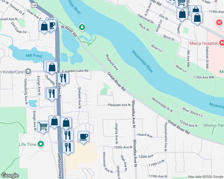 map of restaurants, bars, coffee shops, grocery stores, and more near 1322 Pleasant View Lane in Champlin