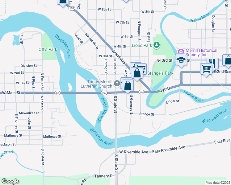 map of restaurants, bars, coffee shops, grocery stores, and more near 17 North State Street in Merrill