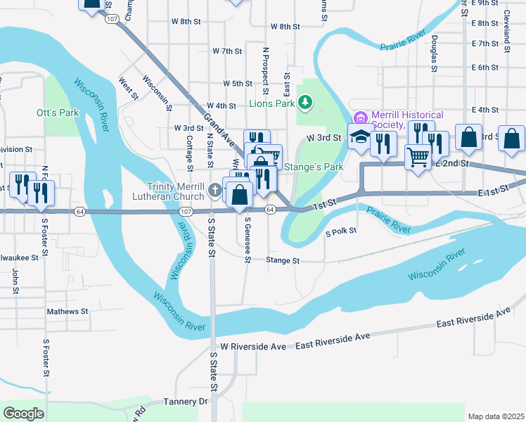 map of restaurants, bars, coffee shops, grocery stores, and more near 409 W Main St in Merrill