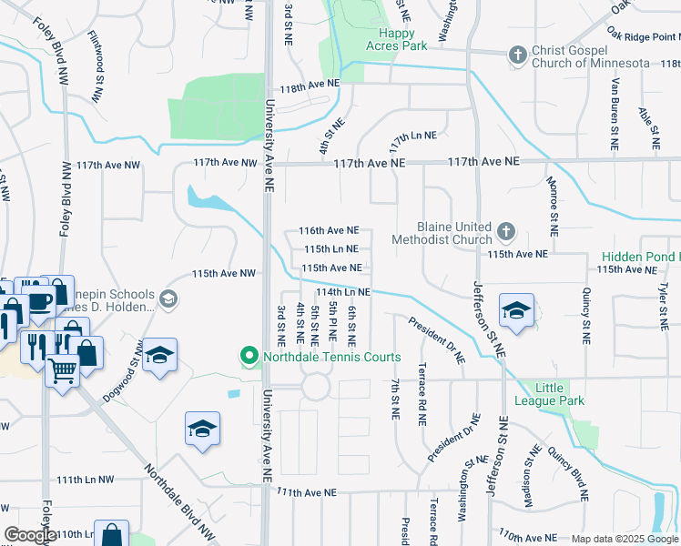 map of restaurants, bars, coffee shops, grocery stores, and more near 67 114th Lane Northeast in Blaine