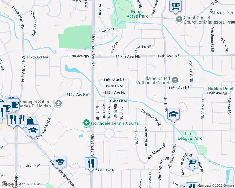 map of restaurants, bars, coffee shops, grocery stores, and more near 67 114th Lane Northeast in Blaine